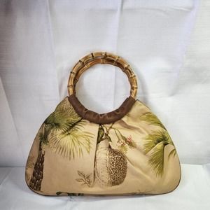 Echo Purse Hand Bag Bamboo Handle Botanical Print Yellow Brown